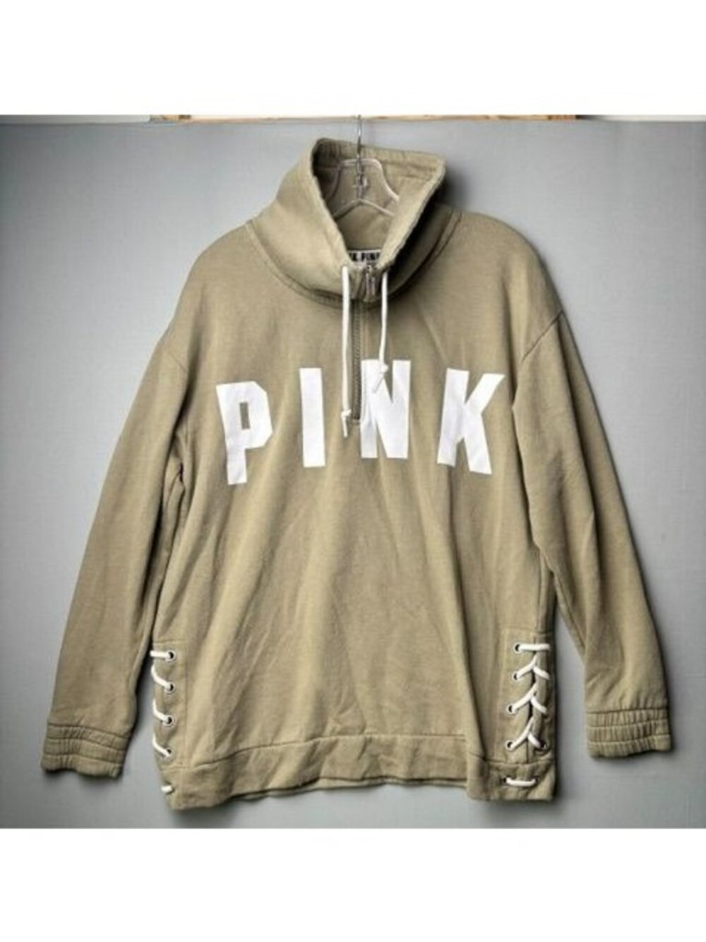 Pink Victoria's Secret Women's M Green Quarter Zip Pullover Sweatshirt Lace Up